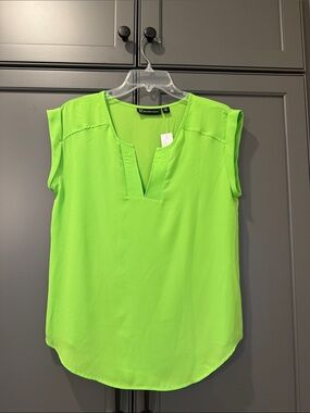 New York & Company Neon Lime Split V-Neck Cap Sleeve Blouse
